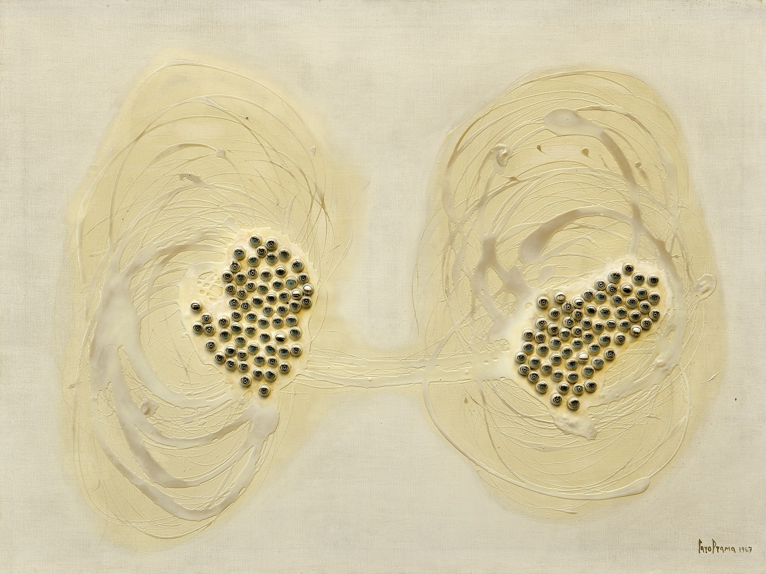 Carol Rama Lisola degli occhi 1967 Occhi di plastica resina sintetica e smalto su tela 120 x 160 cm collezione privata